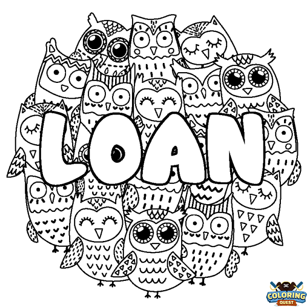 Coloring page first name LOAN - Owls background