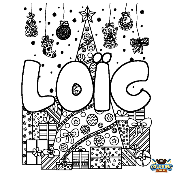 Coloring page first name LO&Iuml;C - Christmas tree and presents background