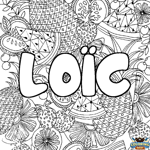 Coloring page first name LO&Iuml;C - Fruits mandala background