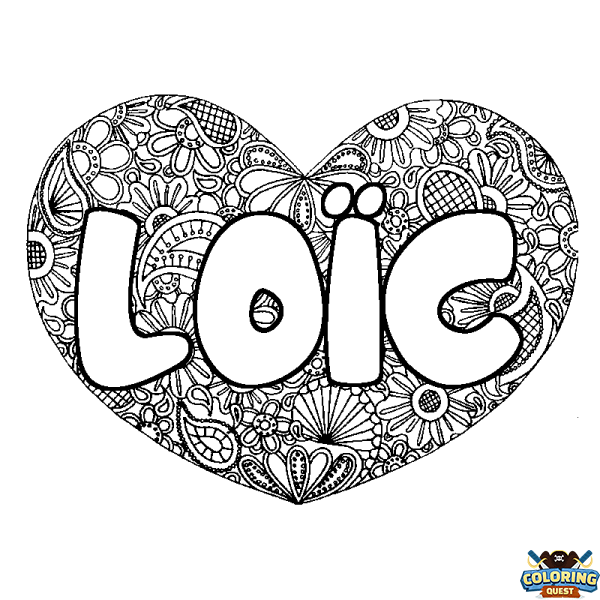 Coloring page first name LO&Iuml;C - Heart mandala background