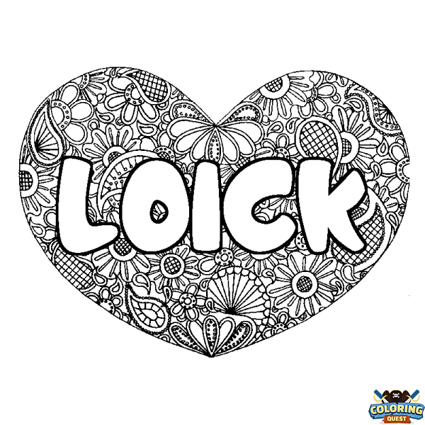 Coloring page first name LOICK - Heart mandala background