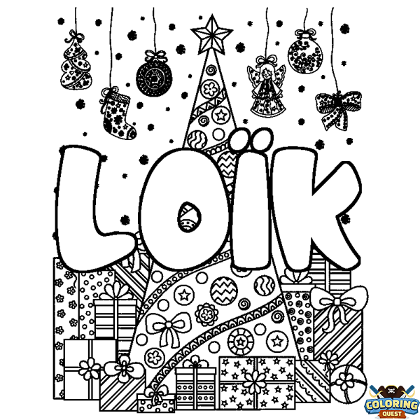 Coloring page first name LO&Iuml;K - Christmas tree and presents background