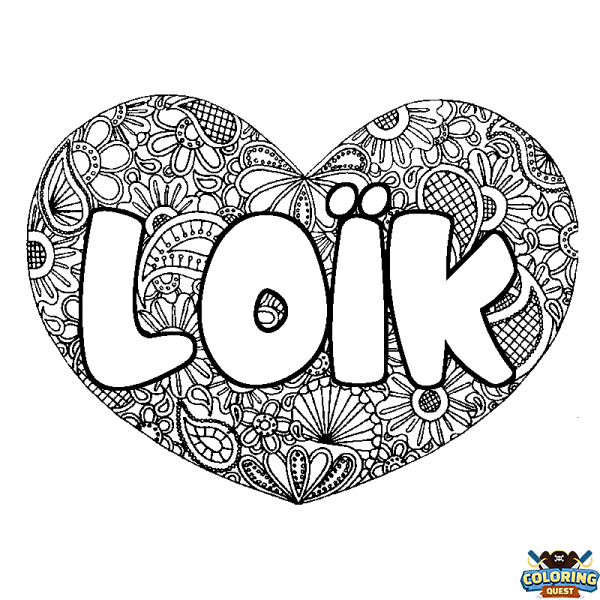 Coloring page first name LO&Iuml;K - Heart mandala background