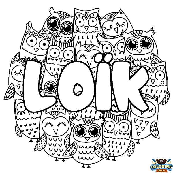 Coloring page first name LO&Iuml;K - Owls background