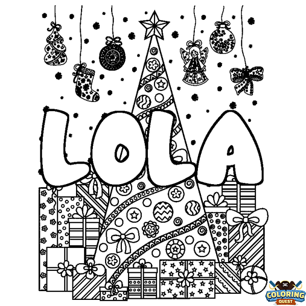 Coloring page first name LOLA - Christmas tree and presents background