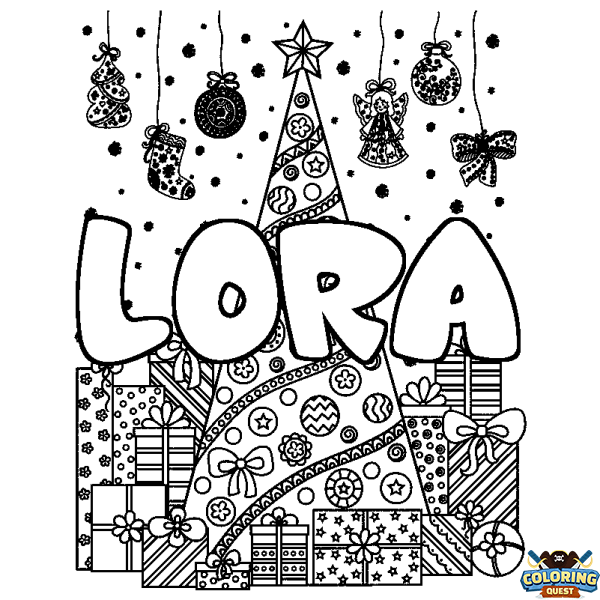 Coloring page first name LORA - Christmas tree and presents background