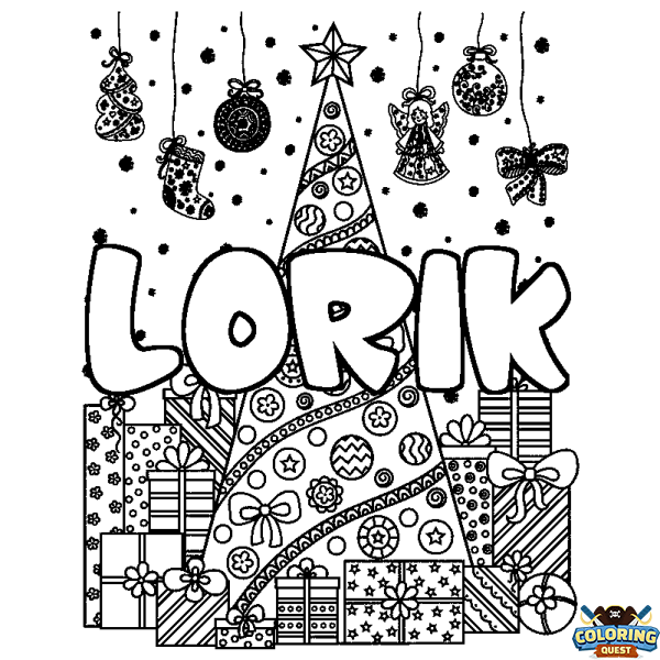 Coloring page first name LORIK - Christmas tree and presents background