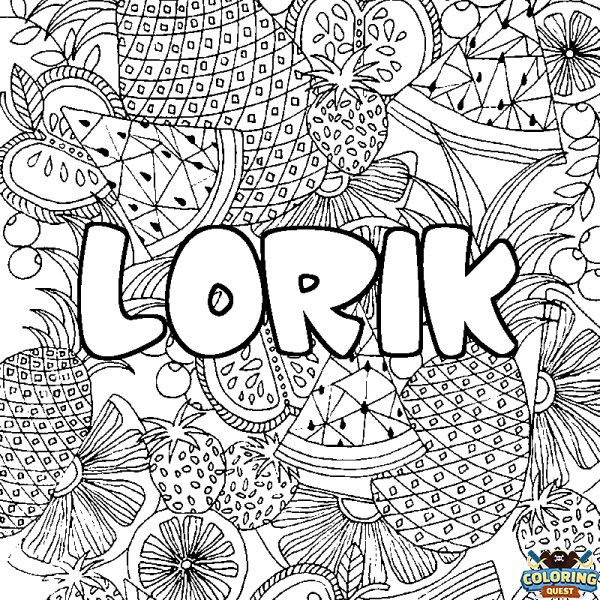 Coloring page first name LORIK - Fruits mandala background