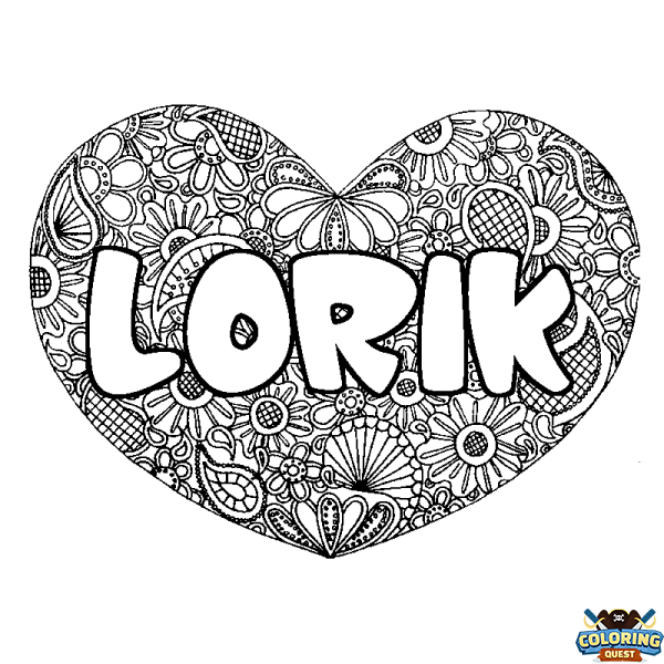 Coloring page first name LORIK - Heart mandala background