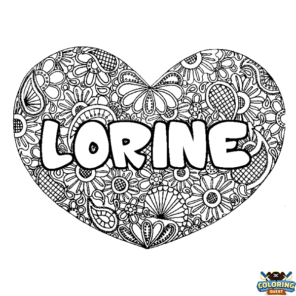 Coloring page first name LORINE - Heart mandala background