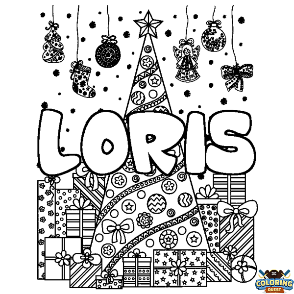 Coloring page first name LORIS - Christmas tree and presents background