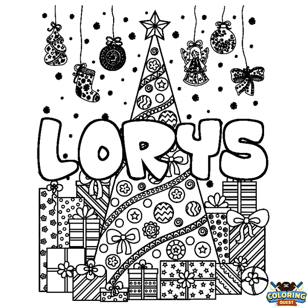 Coloring page first name LORYS - Christmas tree and presents background