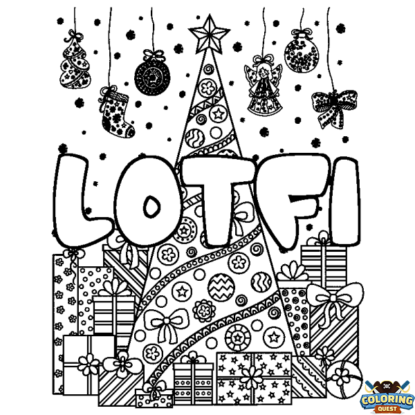 Coloring page first name LOTFI - Christmas tree and presents background