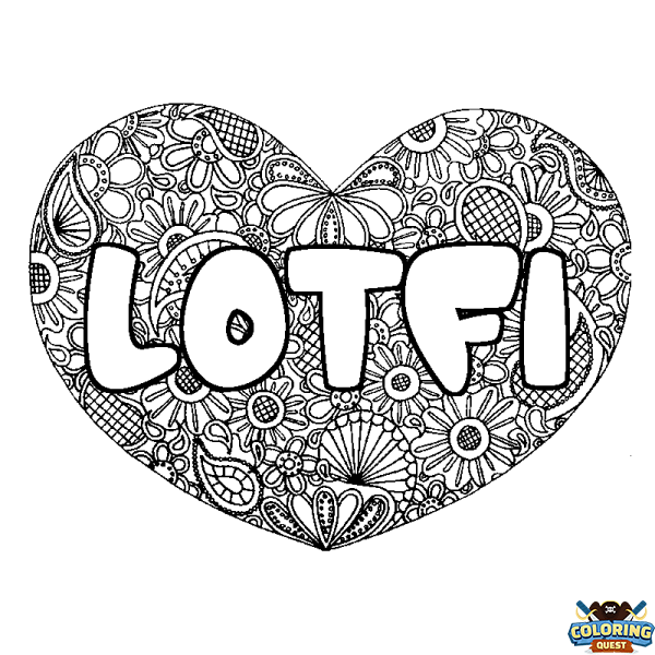 Coloring page first name LOTFI - Heart mandala background