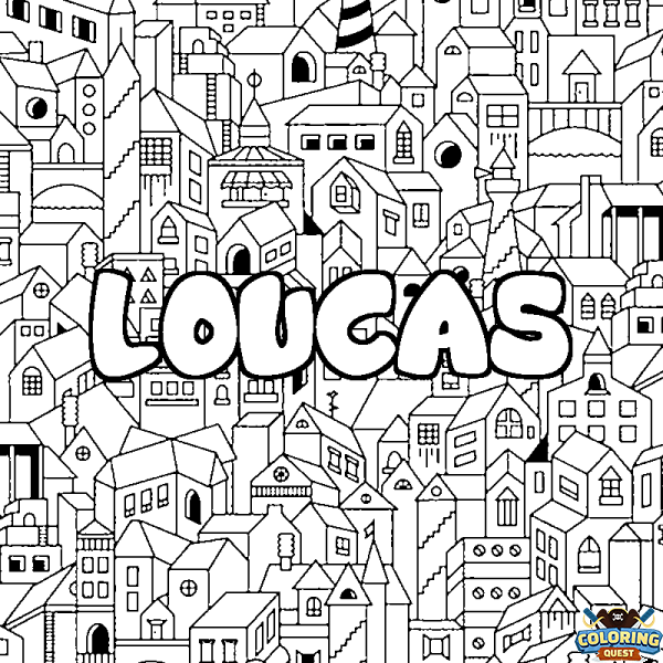 Coloring page first name LOUCAS - City background