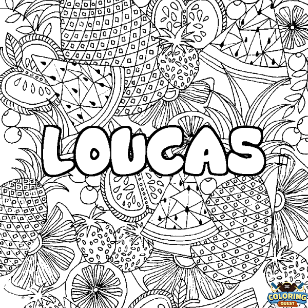 Coloring page first name LOUCAS - Fruits mandala background