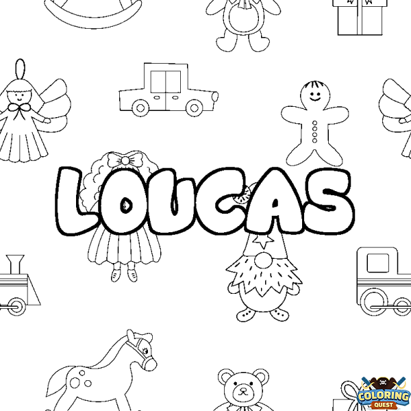 Coloring page first name LOUCAS - Toys background