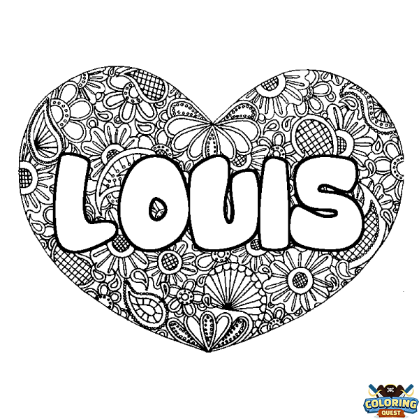 Coloring page first name LOUIS - Heart mandala background