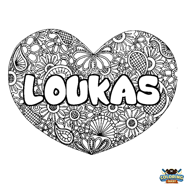 Coloring page first name LOUKAS - Heart mandala background