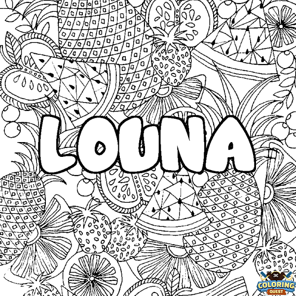 Coloring page first name LOUNA - Fruits mandala background