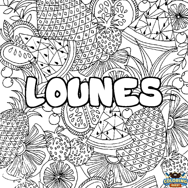 Coloring page first name LOUNES - Fruits mandala background