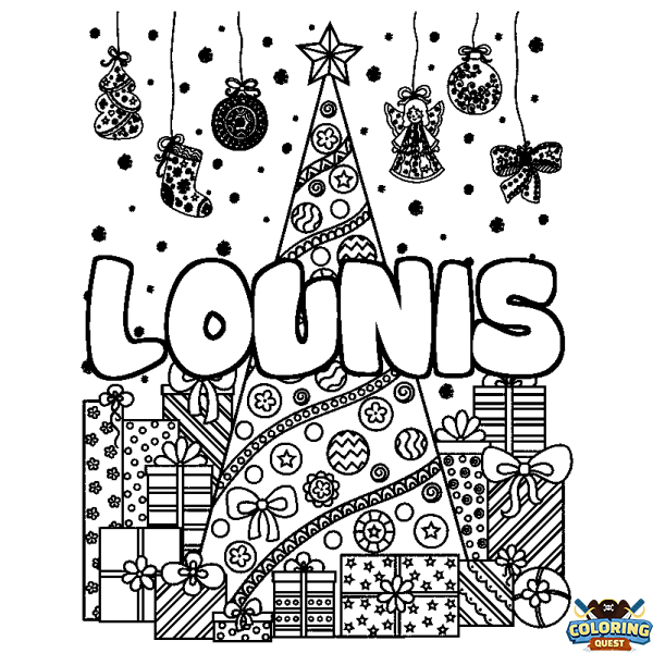 Coloring page first name LOUNIS - Christmas tree and presents background