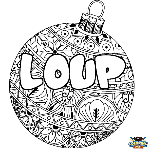 Coloring page first name LOUP - Christmas tree bulb background