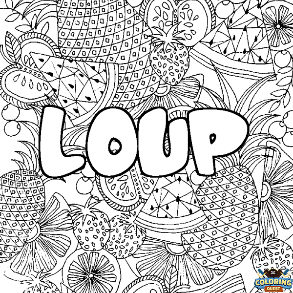 Coloring page first name LOUP - Fruits mandala background