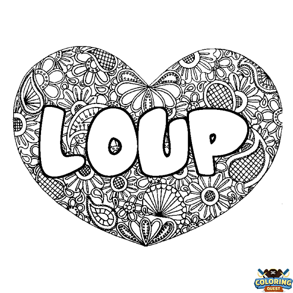 Coloring page first name LOUP - Heart mandala background