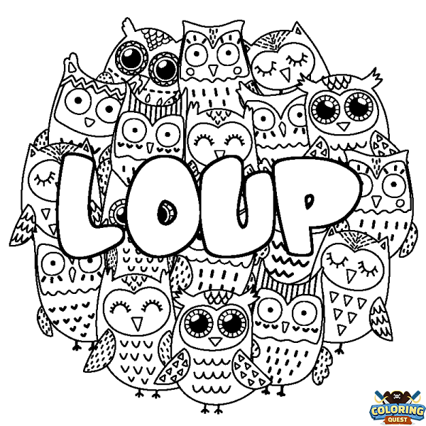 Coloring page first name LOUP - Owls background