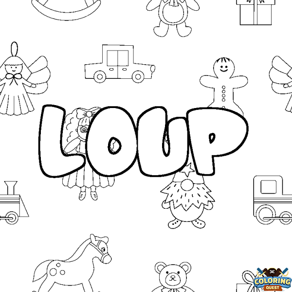 Coloring page first name LOUP - Toys background