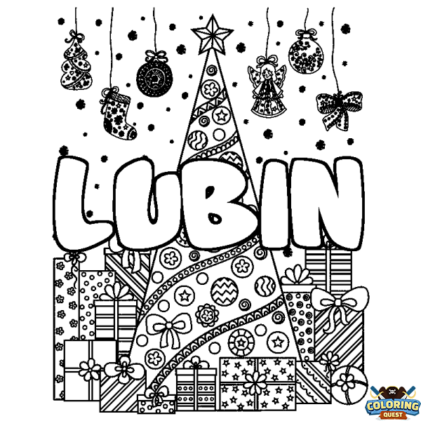 Coloring page first name LUBIN - Christmas tree and presents background