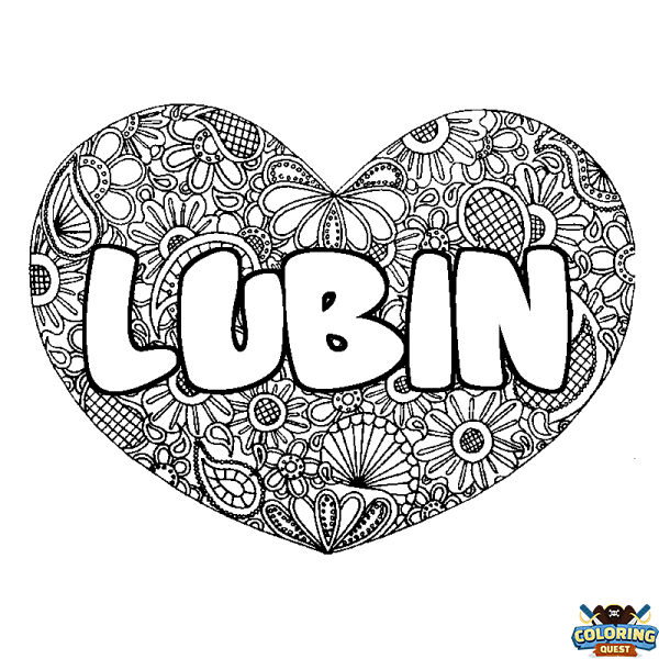 Coloring page first name LUBIN - Heart mandala background