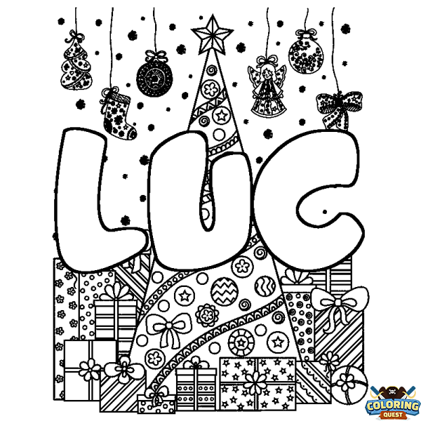 Coloring page first name LUC - Christmas tree and presents background