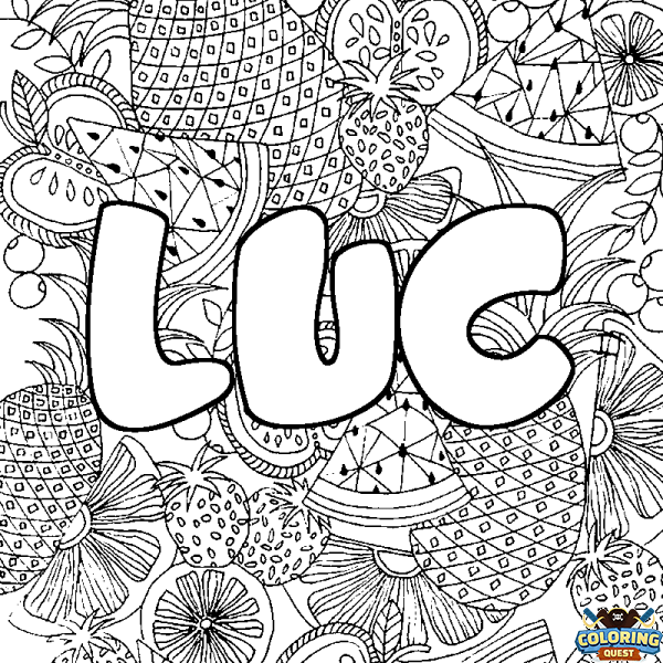 Coloring page first name LUC - Fruits mandala background