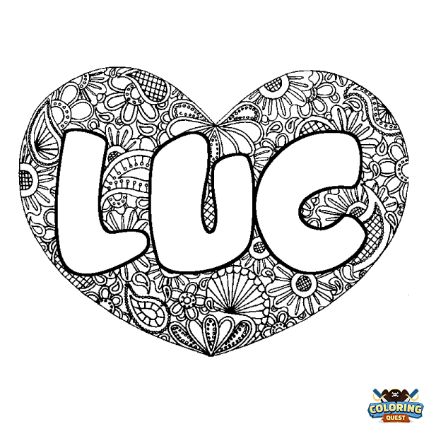 Coloring page first name LUC - Heart mandala background