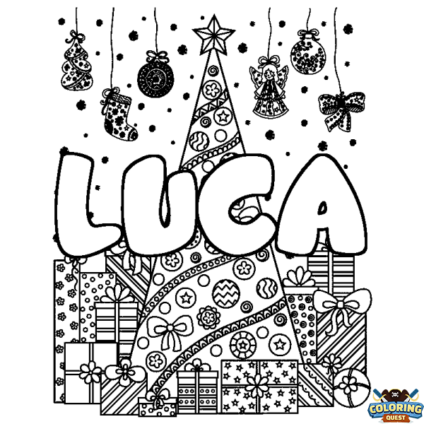 Coloring page first name LUCA - Christmas tree and presents background