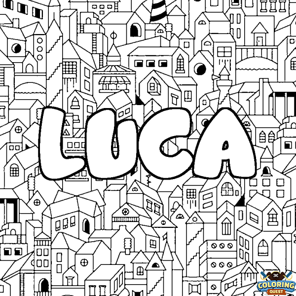 Coloring page first name LUCA - City background