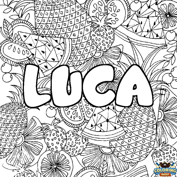 Coloring page first name LUCA - Fruits mandala background