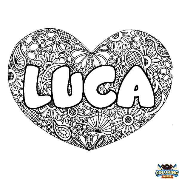 Coloring page first name LUCA - Heart mandala background