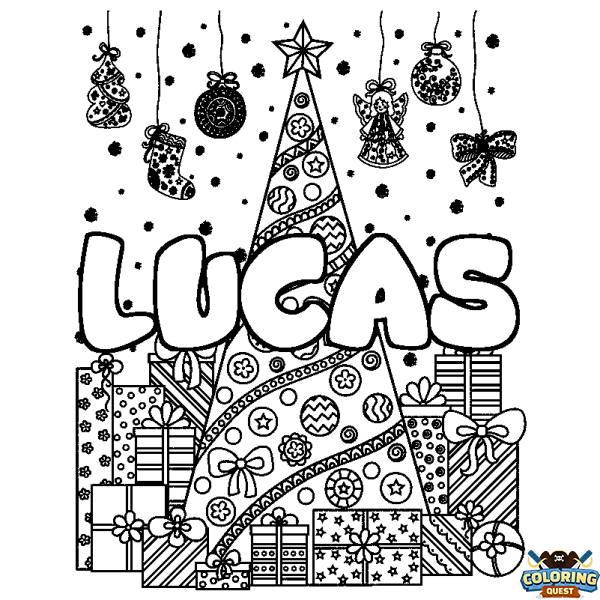 Coloring page first name LUCAS - Christmas tree and presents background