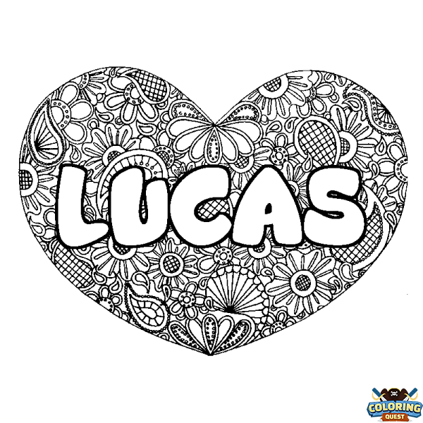 Coloring page first name LUCAS - Heart mandala background