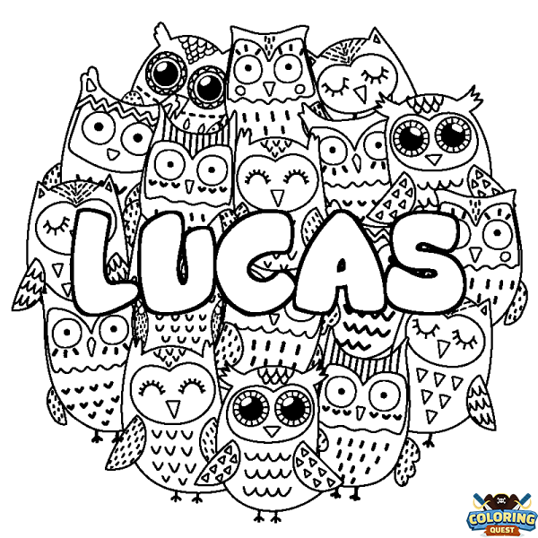 Coloring page first name LUCAS - Owls background