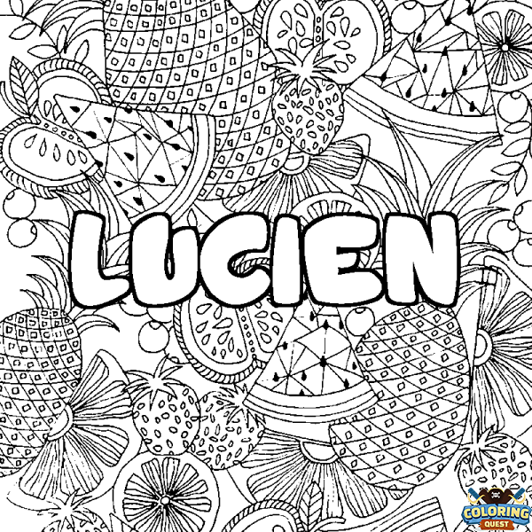 Coloring page first name LUCIEN - Fruits mandala background