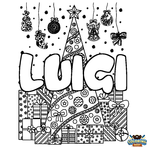 Coloring page first name LUIGI - Christmas tree and presents background