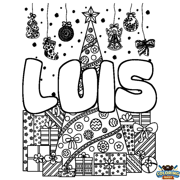 Coloring page first name LUIS - Christmas tree and presents background