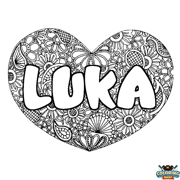 Coloring page first name LUKA - Heart mandala background