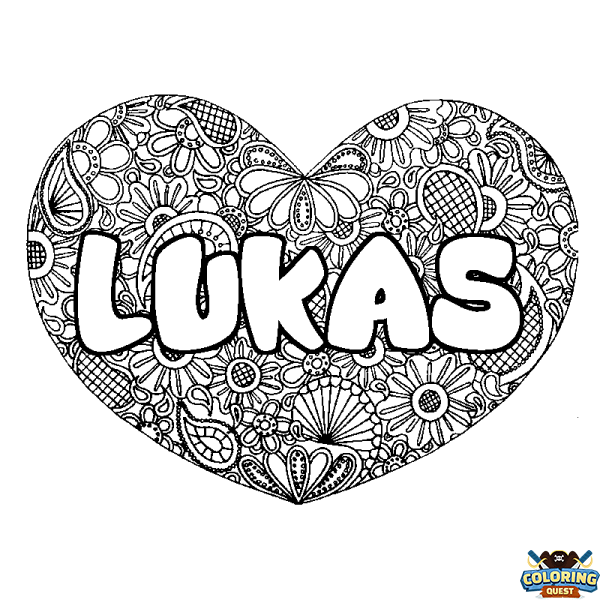 Coloring page first name LUKAS - Heart mandala background