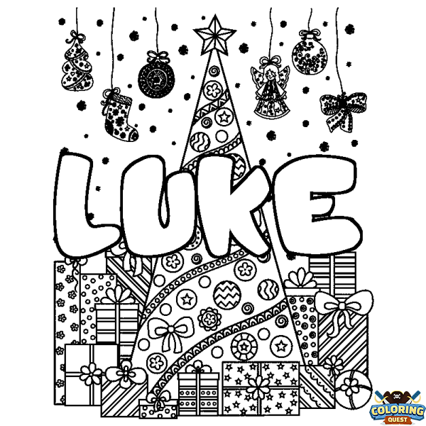 Coloring page first name LUKE - Christmas tree and presents background