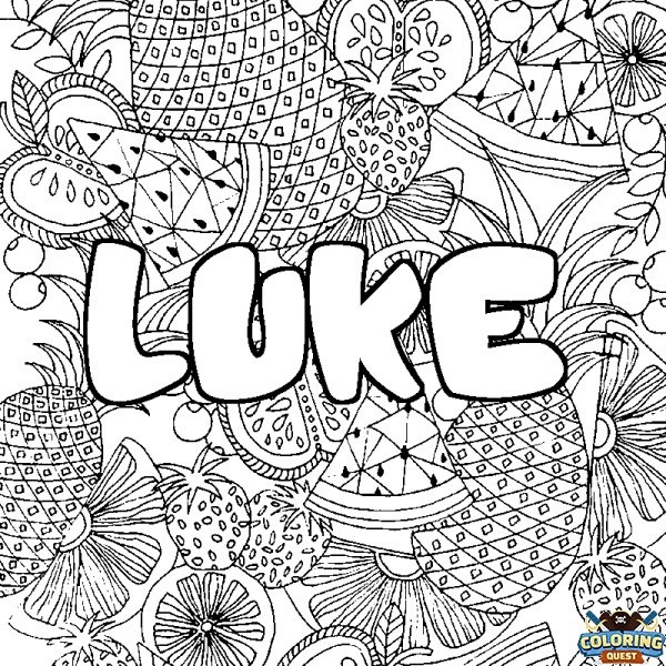 Coloring page first name LUKE - Fruits mandala background